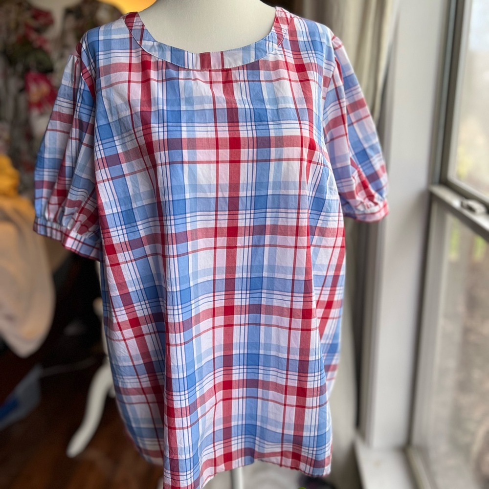 Petite XXL Red Blue Plaid Cotton Blouse Short Puff Sleeve Casual Top Cottagecore